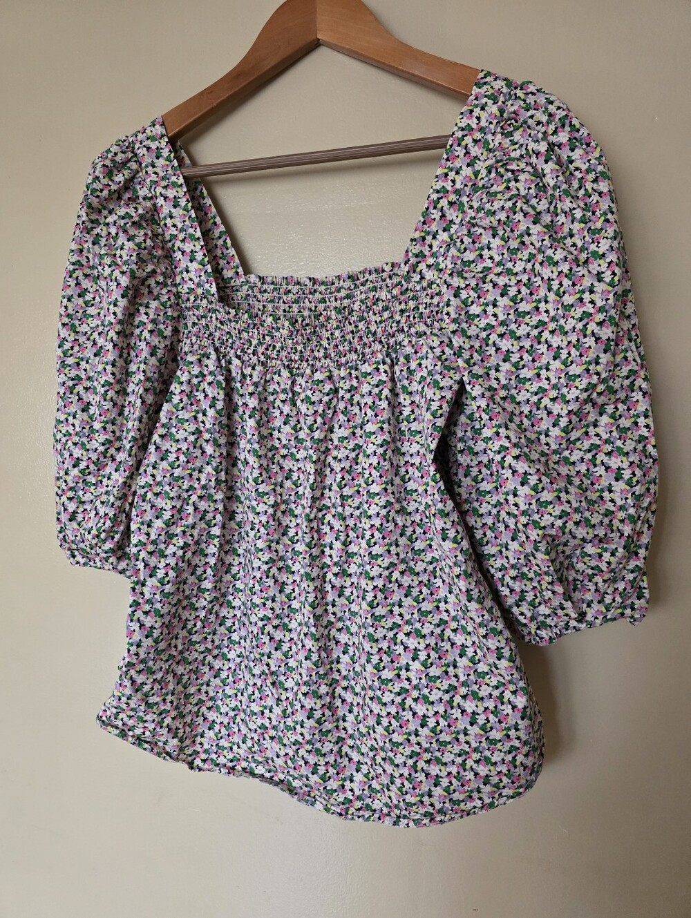 H&M Ditsy Floral Puff Sleeve Smocked SquareNeck Cotton Top L Cottagecore Prairie